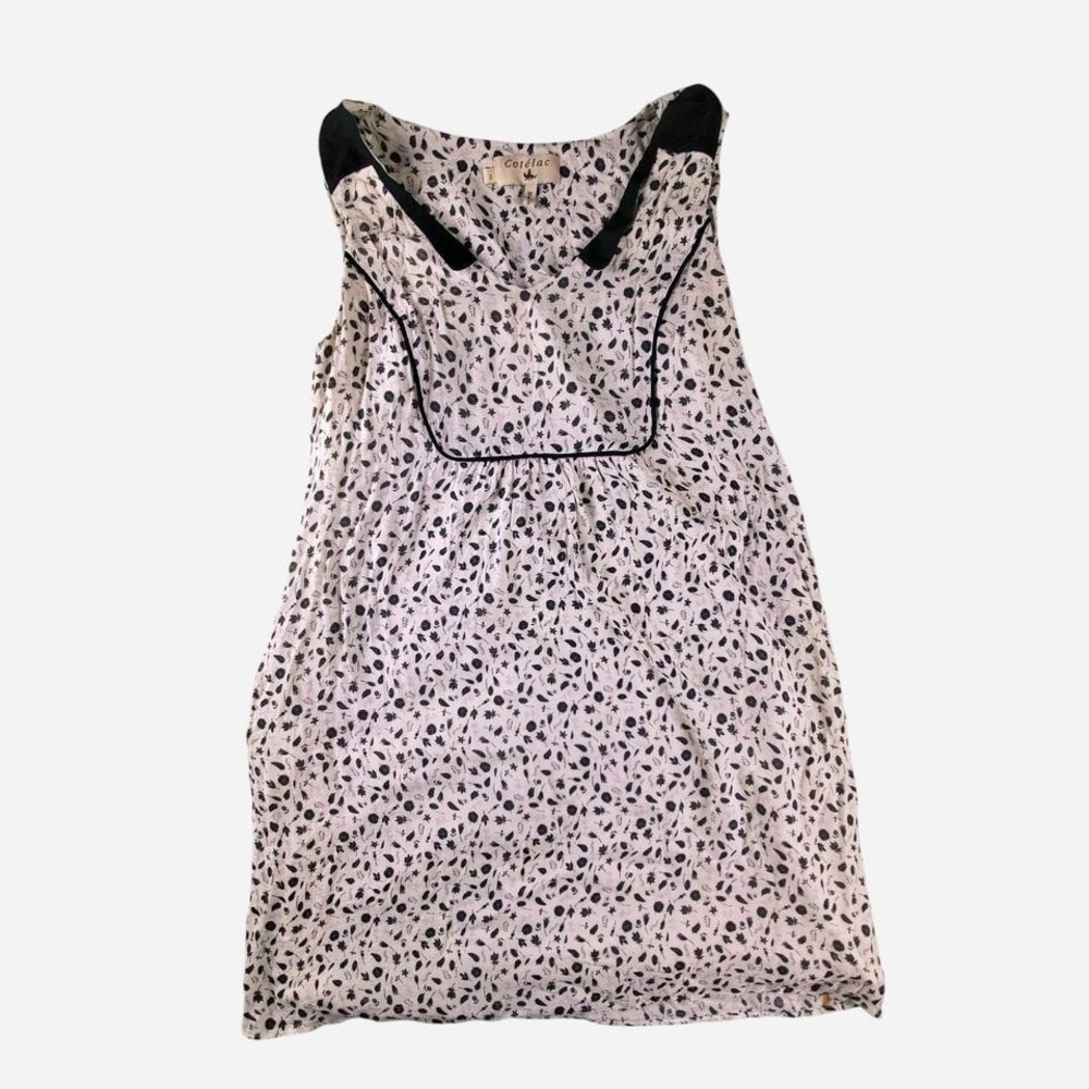Prairie Collared White Cotton Gauze Dress Black Flower Leaf Print Size 2 Flaw